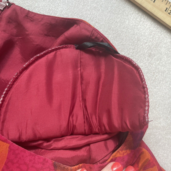 Vintage 90s Maggie London Silk Dress Women 10 Red Orange Floral Bloomcore Sheath - Picture 6 of 10